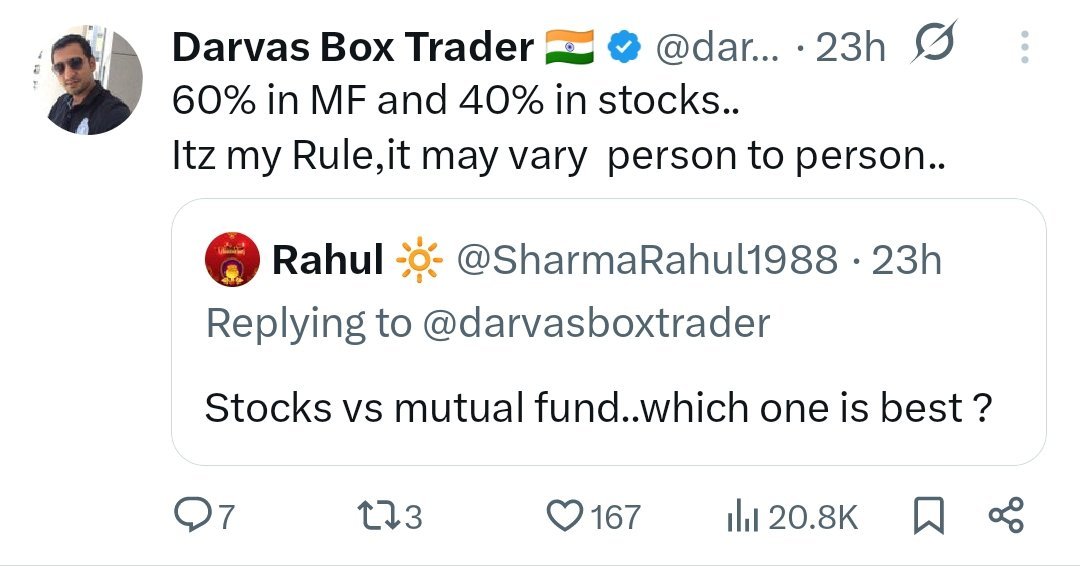 ExtraClassIndia's tweet photo. As many of you may have noticed, @darvasboxtrader has a huge following and is very active in momentum trading. 

He appears to have developed strong skills in identifying trends and taking short-term trades with a high degree of success. 🙏 📈⚡

But let me explain how I see his approach 👇👇

He has himself mentioned publicly that around 60% of his capital is invested through mutual funds (see the screenshot attached 👇).

He likely holds for this MF portfolio for long term rather than exiting based on short-term market volatility. (my assumption)

If I understand his tweet correctly, this effectively means that a significant portion of his market capital is being managed with a long-term, "no-stop-loss" mindset. 🧠📊

The remaining ~40% is where he actively practises momentum trading. And clearly, he is very good at it... and genuinely enjoys the process. ⚡🎯

He is also a full-time market participant and teaches momentum trading through his paid courses. So actively trading this portion of his capital simultaneously keeps his skills sharp and supports his teaching. 📚💻

So, despite how he may appear from the outside, as an active momentum trader who frequently talks about quick trades using stop-losses, I personally see him as someone who is also substantially invested in the market for the long term, with a significant portion of his capital following a "no-stop-loss" philosophy. 🧠🌱

This is only my interpretation based on his publicly shared tweets and my own understanding. I could be completely wrong in my interpretation.

All respect to @darvasboxtrader. 🙏❤️

My takeaway is not “follow or not follow his strategy”, but rather:

Go deeper into a successful trader's psychology, temperament, risk appetite and life circumstances. 🧠🔍

Understand what works for him, and what is suitable for you. 🎯 🧠📈