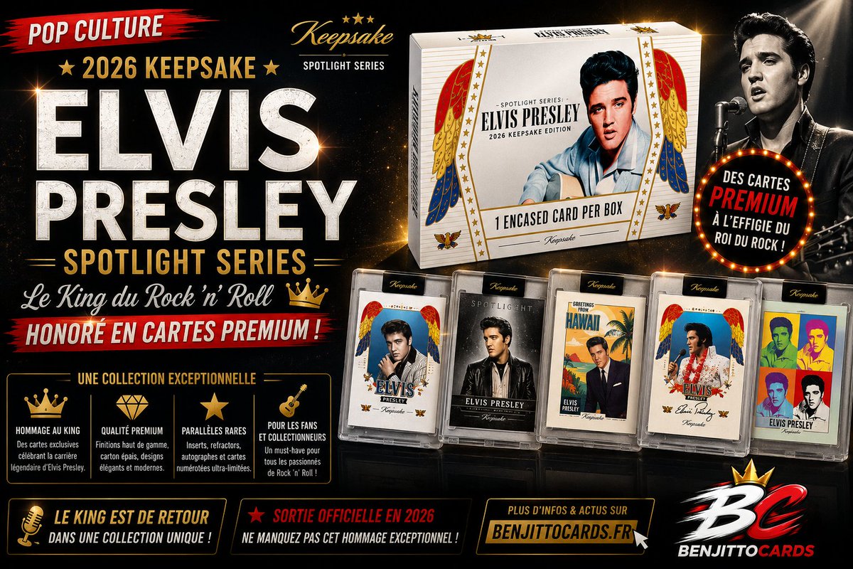 Benjitto's tweet photo. Pop Culture : 2026 Keepsake Elvis Presley Spotlight Series – Le King du Rock ‘n’ Roll Honoré en Cartes Premium !
https://t.co/b7XSiMxpc7
#Entertainment #TradingCards #Keepsake #ElvisPresley https://t.co/xI8VNX4DG4
