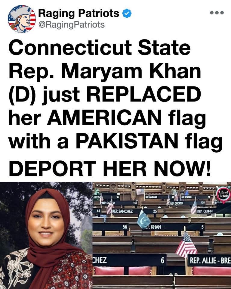 DabbKen's tweet photo. Connecticut State Representative Maryam Khan replaced the American flag at her desk with the flag of Pakistan. In a chamber where every other member flies the flag of the country they swore to serve, the substitution is a public statement of priority.

A statehouse is not a consulate. The desk of an elected official exists to represent Connecticut and the United States, not a foreign capital. Flying another nation’s colors in that seat tells colleagues and constituents which allegiance comes first.

Dual loyalty is not a courtesy. Officials who treat the American flag as optional in the building where they legislate have already shown they regard the oath as secondary to a different national identity.