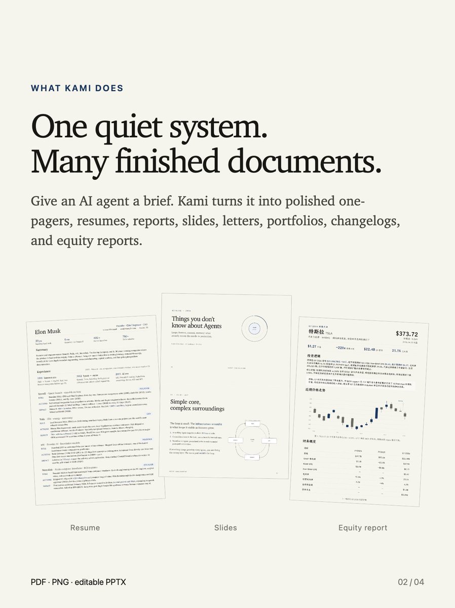 HiTw93's tweet photo. Kami (紙) means paper. Good content deserves good paper.

Kami gives AI agents a quiet design system for turning a brief into clear, polished documents. Two recent releases bring it to V1.14, with calmer pages and stronger output checks.

https://t.co/XB5mfwU9rX https://t.co/rgs9ubm1lY