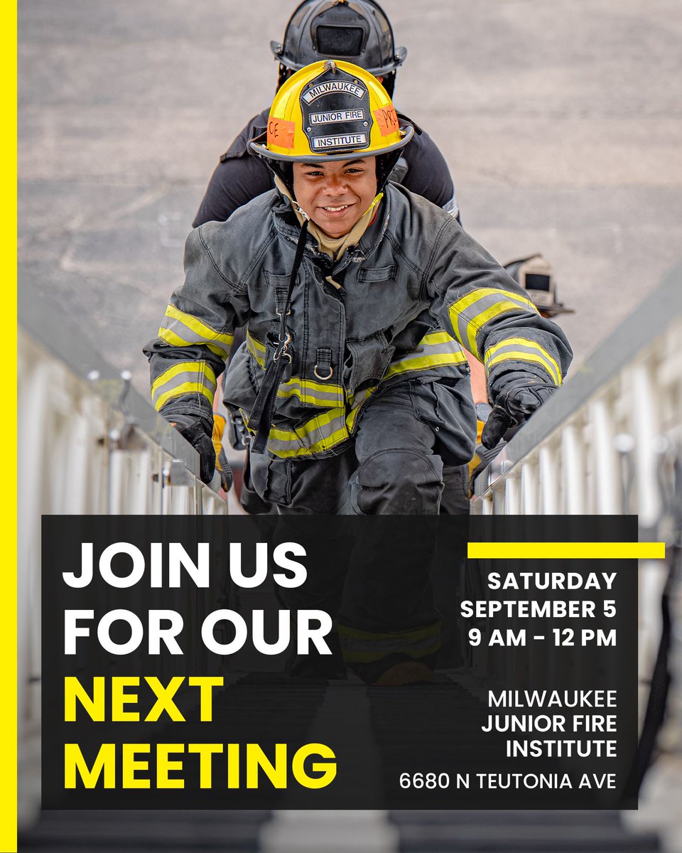 mkejfi's tweet photo. Our next #MKEJFI meeting is right around the corner. Focus: Ground ladder work and finishing by climbing the Aeral ladder.

📅 September 5
⏰ 9 AM – 12 PM
📍 6680 N Teutonia Ave

Questions? Contact Captain Hayes:
📞 (414) 788-3270 https://t.co/hfX651GOWU