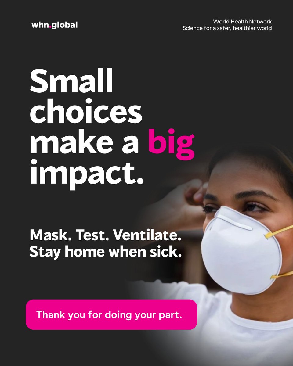 TheWHN's tweet photo. Small choices can make a big difference when it comes to reducing the spread of respiratory illness.

Mask with a high quality respirator, test when you may have been exposed, improve ventilation and stay home when you’re sick. These everyday actions help protect you and the people around you.

Prevention works best when we all do our part.

#PublicHealth #CleanAir #Masking #COVID #COVID19