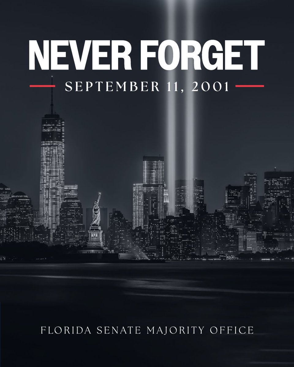 FLSenateGOP's tweet photo. We remember the innocent lives that were lost 25 years ago on 9/11 and honor the bravery of those patriots who responded in the face of terror to help their fellow Americans. Let us never forget the power of unity and resilience. #PatriotDay https://t.co/9Sm1L6XWot