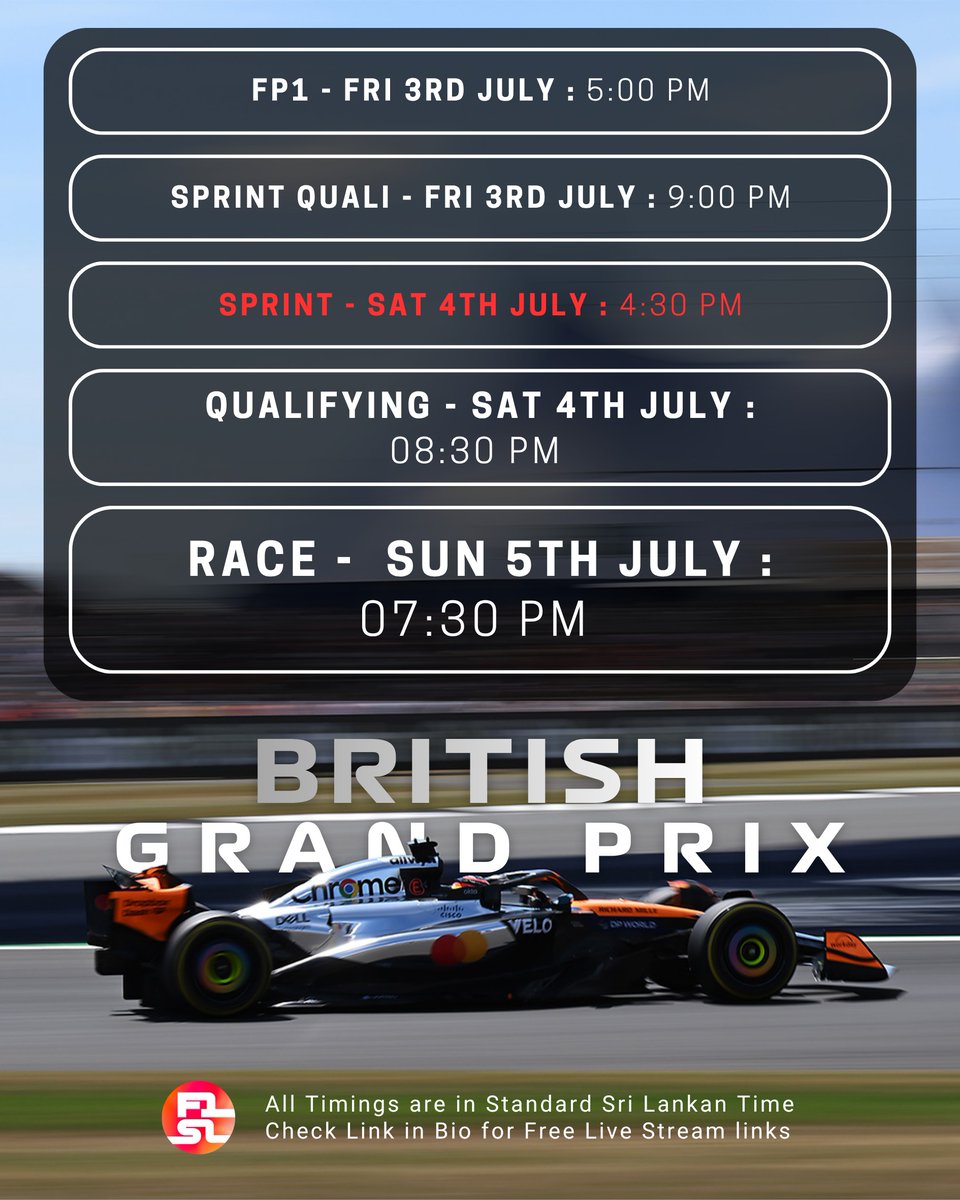 ZackaryShabf's tweet photo. Formula One returns to where it all began: Silverstone, home of the British Grand Prix. Warm temperatures and breezy conditions could make its high-speed corners even more challenging. Who’s your pick to win? Times are in Sri Lanka Standard Time. https://t.co/XDZ10FvcmM