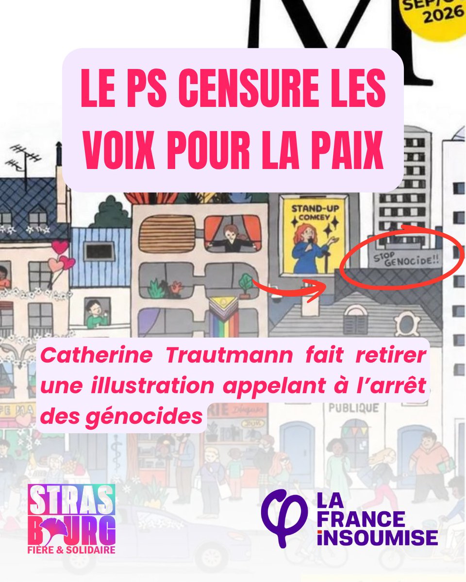 GroupeFIstras's tweet photo. La maire de Strasbourg et son équipe tirent arbitrairement un trait sur une illustration d’une artiste dénonçant les génocides en cours.
Les voix qui s’élèvent contre les crimes contre l’humanité doivent être entendues, pas censurées.
Honte au PS strasbourgeois. https://t.co/JOVDyCGW3J