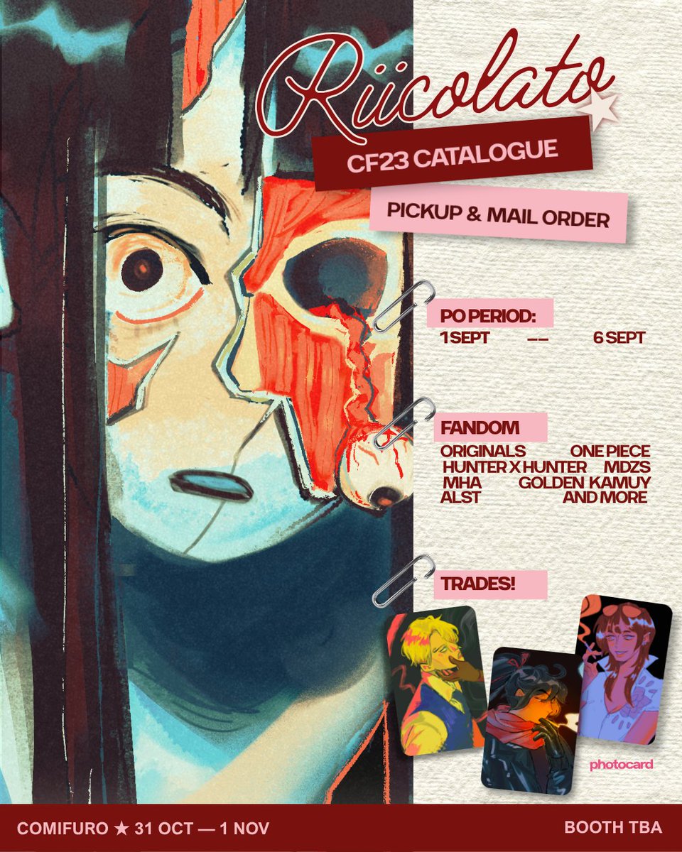 riicolato's tweet photo. [ likes &amp; retweets appreciated <3 ]  

riicolato's #cf23 pre-order calatogue!! (˶ˆᗜˆ˵)  

꩜ local (indo) orders only  
꩜ overseas GO can dm!! 
꩜ PO period: 1 sept - 6 sept
꩜ originals, pride, one piece, hxh, mdzs, etc

 🔗 link in replies!! (1/4)

#cf23catalogue #comifuro23 https://t.co/ooOr8Ed8eF