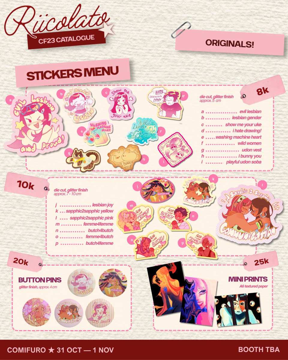 riicolato's tweet photo. [ likes &amp; retweets appreciated <3 ]  

riicolato's #cf23 pre-order calatogue!! (˶ˆᗜˆ˵)  

꩜ local (indo) orders only  
꩜ overseas GO can dm!! 
꩜ PO period: 1 sept - 6 sept
꩜ originals, pride, one piece, hxh, mdzs, etc

 🔗 link in replies!! (1/4)

#cf23catalogue #comifuro23 https://t.co/ooOr8Ed8eF