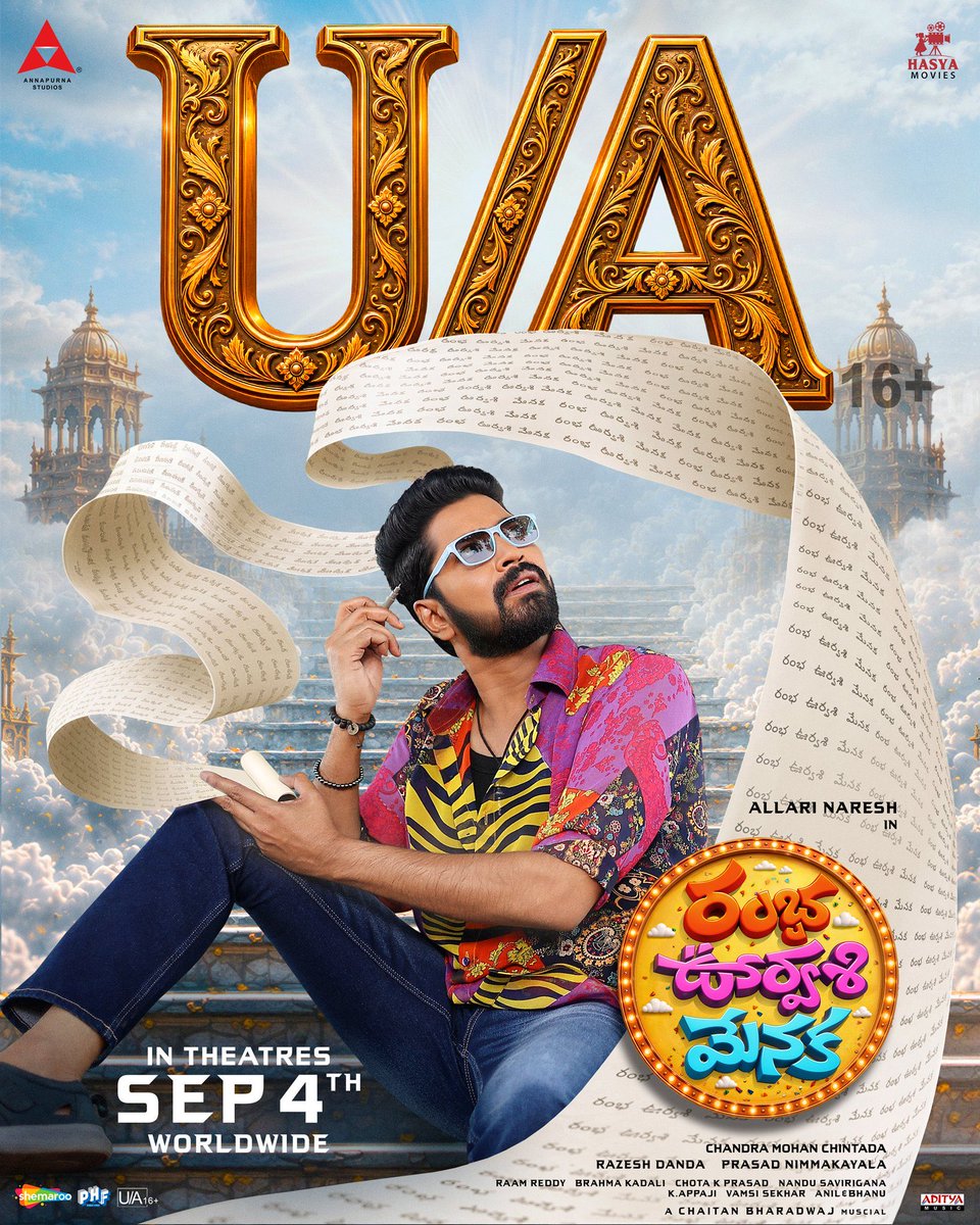 cinedropreal's tweet photo. #RambaOorvasiMenaka U/A certified 
IN CINEMAS ON SEPTEMBER 4th ❤️‍🔥

@allarinaresh @Surbhiactress @RashiReal_ #VishnuPriya @Prishaofficial9 @Chandramohan__C @chaitanmusic @DhanunjaySinger @itsahithii #SureshBanisetti @PolakiVijay @RajeshDanda_ @lemonsprasad @AnnapurnaStdios @HasyaMovies @brahmakadali @ChotaKPrasad @RaamDop @NanduSavirigana @UrsVamsiShekar @adityamusic @shreyasgroup