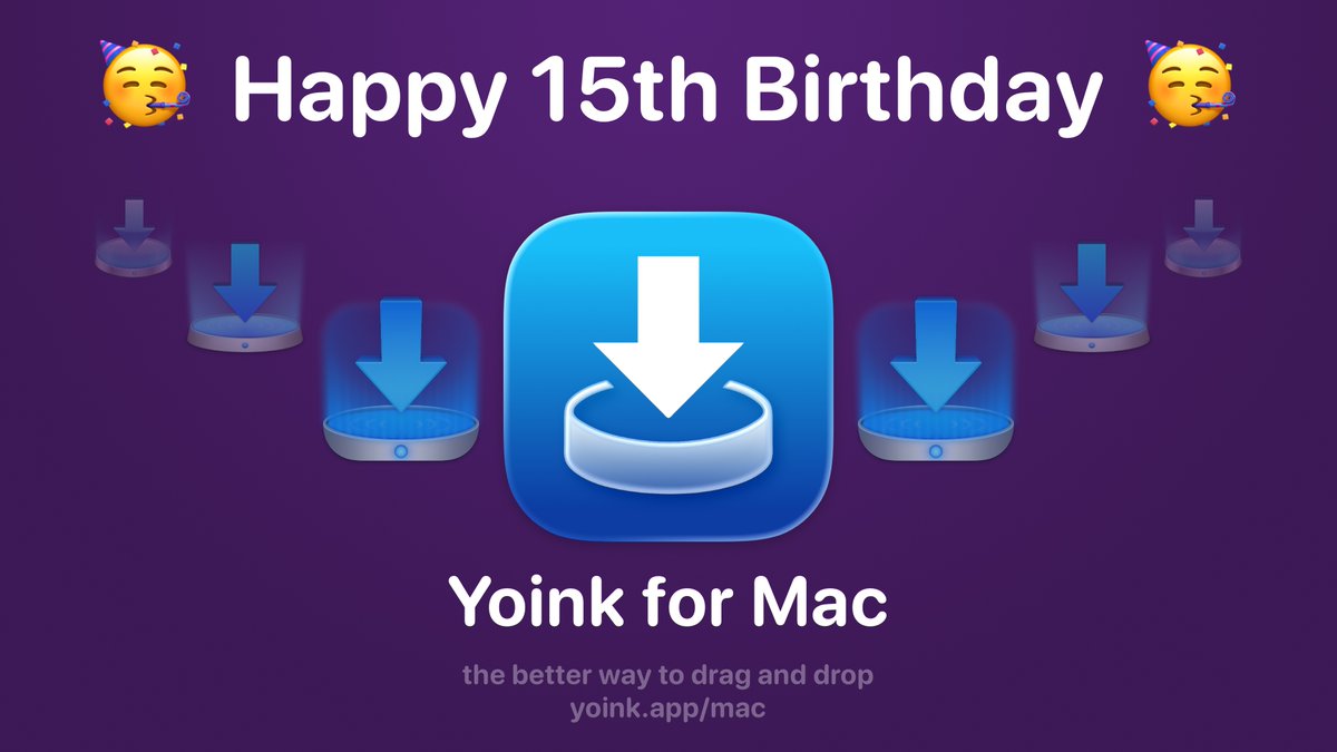 YoinkApp's tweet photo. 🥳 Happy *15th* birthday, Yoink for Mac 🥳

https://t.co/Os6j5Kv1En https://t.co/pVbmi6iSBo