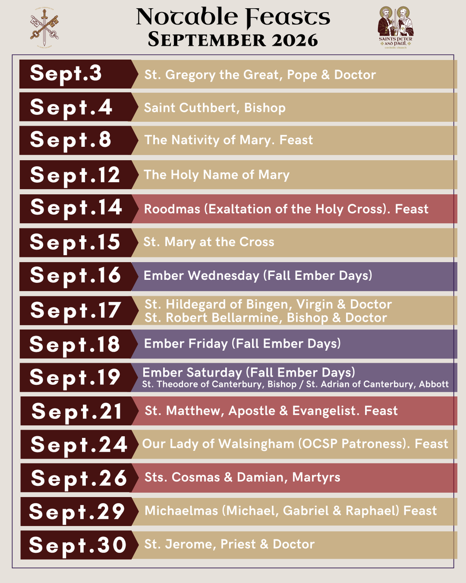 OrdinariateATX's tweet photo. Notable memorials and feasts for the month of September in the Ordinariate of the Chair of Saint Peter. https://t.co/KBSqdOsF7R