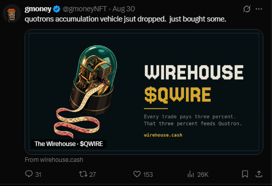TasteKzn's tweet photo. I think we need to pay attention to the $qwire token in the Ink chain ecosystem @Quotrontitative 

for the following reasons:

1) Sergio @cruelhandeth ( @Quotrons404 dev)  openly supports the project by purchasing tokens for 2 eth already
(tx hash - 0x49ae67f80d1823d8dff3fa101e5195d723329fe052aedd8005573a7654015f72 and 0x17f3e7cf00ae9a2e98681fd52ab7b8c6340eaf5a8d809e270216783baa3e95ff)

2)Everyone who stood at the origins of $quotron is now posting about this project.  For example, @gmoney openly writes about the support of this project

3) @thebrianjung has just subscribed to them (I remind you that the top 1 deal for his fomo account is $quotron)

Capitalization is now 500k, I believe that if quotron continues to develop, then we have an easy game in the form of $qwire