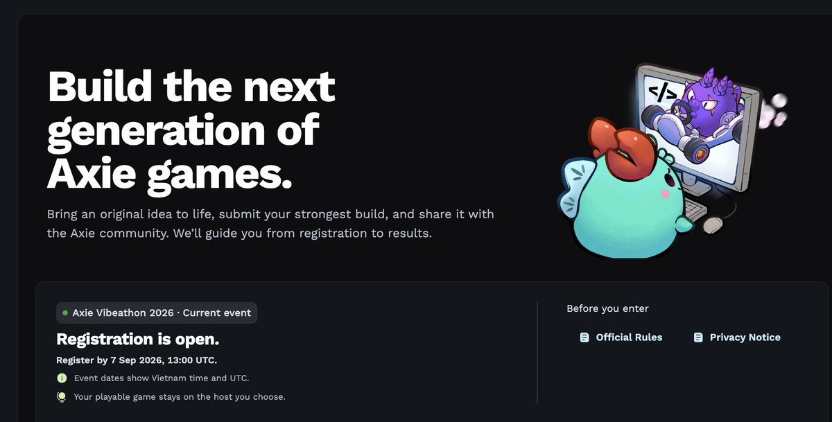 Jihoz_Axie's tweet photo. We built a tool that allows anyone to build experiences seamlessly on top of the Axie IP. 

Today, we're launching the first Axie vibe-a-thon to test drive the platform!

Registration is live here: https://t.co/eytQ9UzDgv

At Sky Mavis, we were seeing games popping up from different departments, from people who long dreamed to build but lacked the skills and tools to turn their ideas into reality. 

With advancements in AI, those dreams became possible, but a lot of the assets and resources took awhile to compile together so we took care of that for you.

I believe more IPs will begin opening up toolkits like this, allowing for passion to turn into playable experiences. @Moku_HQ and @RonkeOnRon are already showing promise in this direction.

Can't wait to see what you all build!