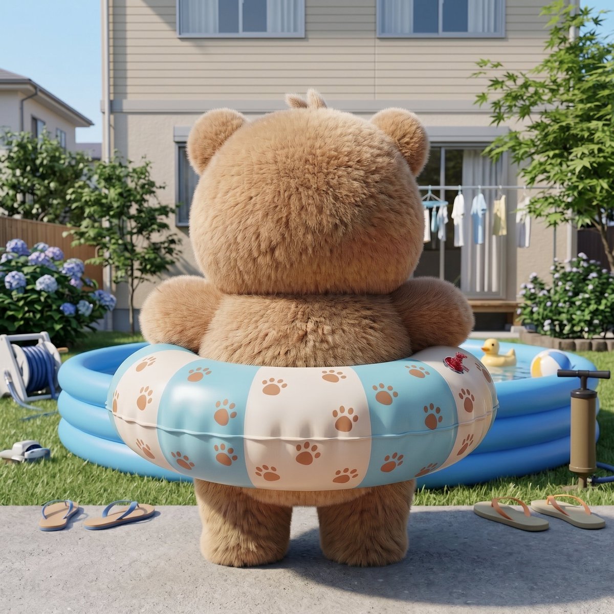 Toco_kuma's tweet photo. 今日はプール。🏖️🛟🐻

浮き輪もパンパン。
お腹もパンパン。
準備はできた。
あとは……入るだけ。😌

#ぼーっとくまの日常 #くまお #くま  #プール #夏 #ゆるキャラ  #オリジナルキャラクター https://t.co/GCMFXkcWtE