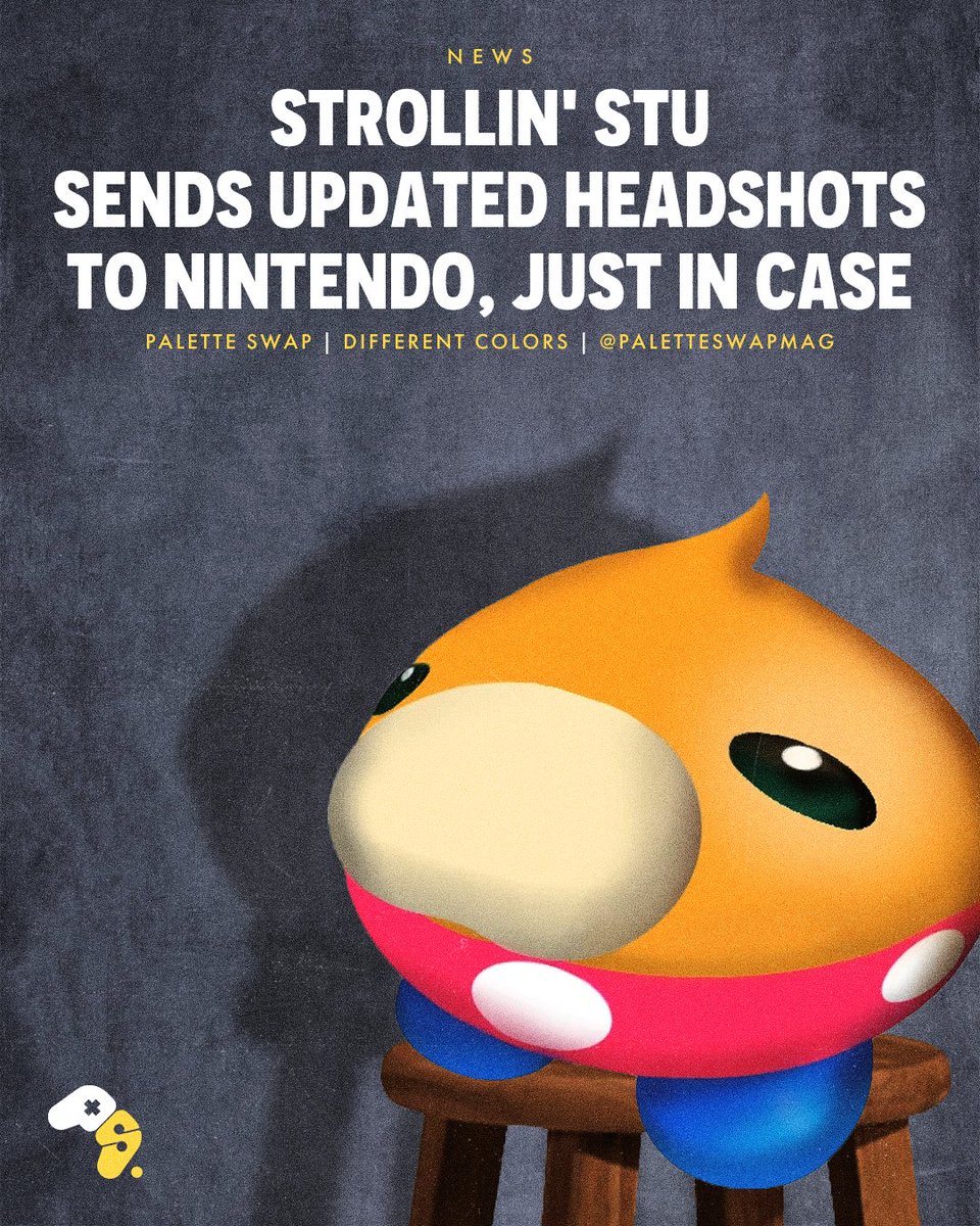PaletteSwapMag's tweet photo. Strollin’ Stu, a minor Super Mario Sunshine enemy, has continued to keep up-to-date headshots in case he’s called on to reprise his role. https://t.co/CGP80RfE3K