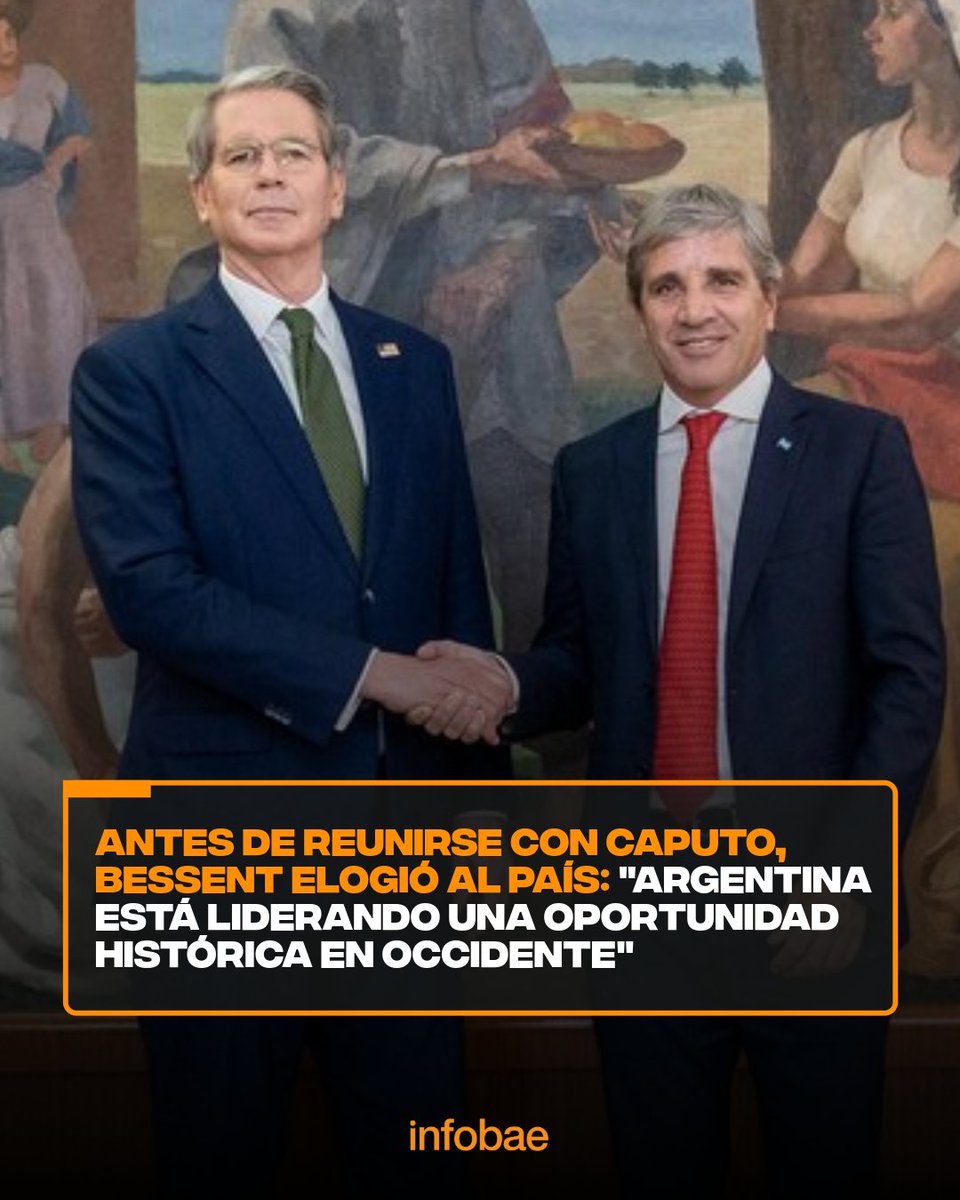 infobae's tweet photo. ANTES DE REUNIRSE CON CAPUTO, BESSENT ELOGIÓ AL PAÍS: “ARGENTINA ESTÁ LIDERANDO UNA OPORTUNIDAD HISTÓRICA EN EL HEMISFERIO OCCIDENTAL”

El secretario del Tesoro y el jefe del Palacio de Hacienda se encontrarán a las 15 en el hotel Ommi Grove Park Inn, sede de la cumbre del G20, en un escenario internacional afectado por la crisis de Medio Oriente y su impacto en la economía mundial.

Enviado especial a Asheville, Carolina del Norte, EEUU - Esta mañana, antes de la reunión que mantendrá con el ministro de Economía, Luis Caputo, el secretario del Tesoro, Scott Bessent elogió el programa de ajuste que encabeza Javier Milei.

Infobae 📎 https://t.co/S8omF6J88W