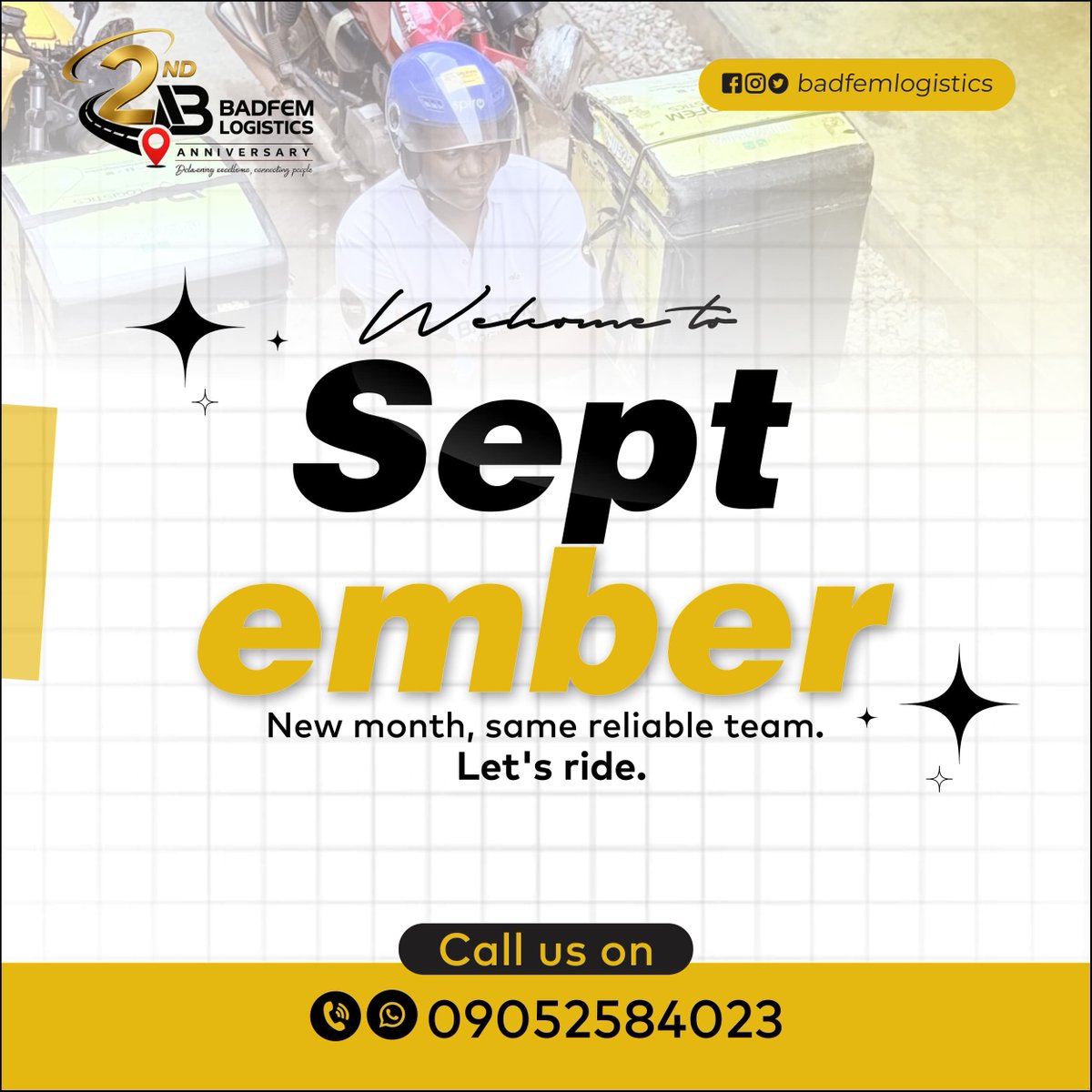 badfemlogistics's tweet photo. Happy new month of September to our customers 

We're ready to take your orders thus month

Reach us on 09052584023

#badfemlogistics ##IbadanVendors #dispatchriderinibadan #bbnaija #bbns11 https://t.co/ulMpR2PYq9