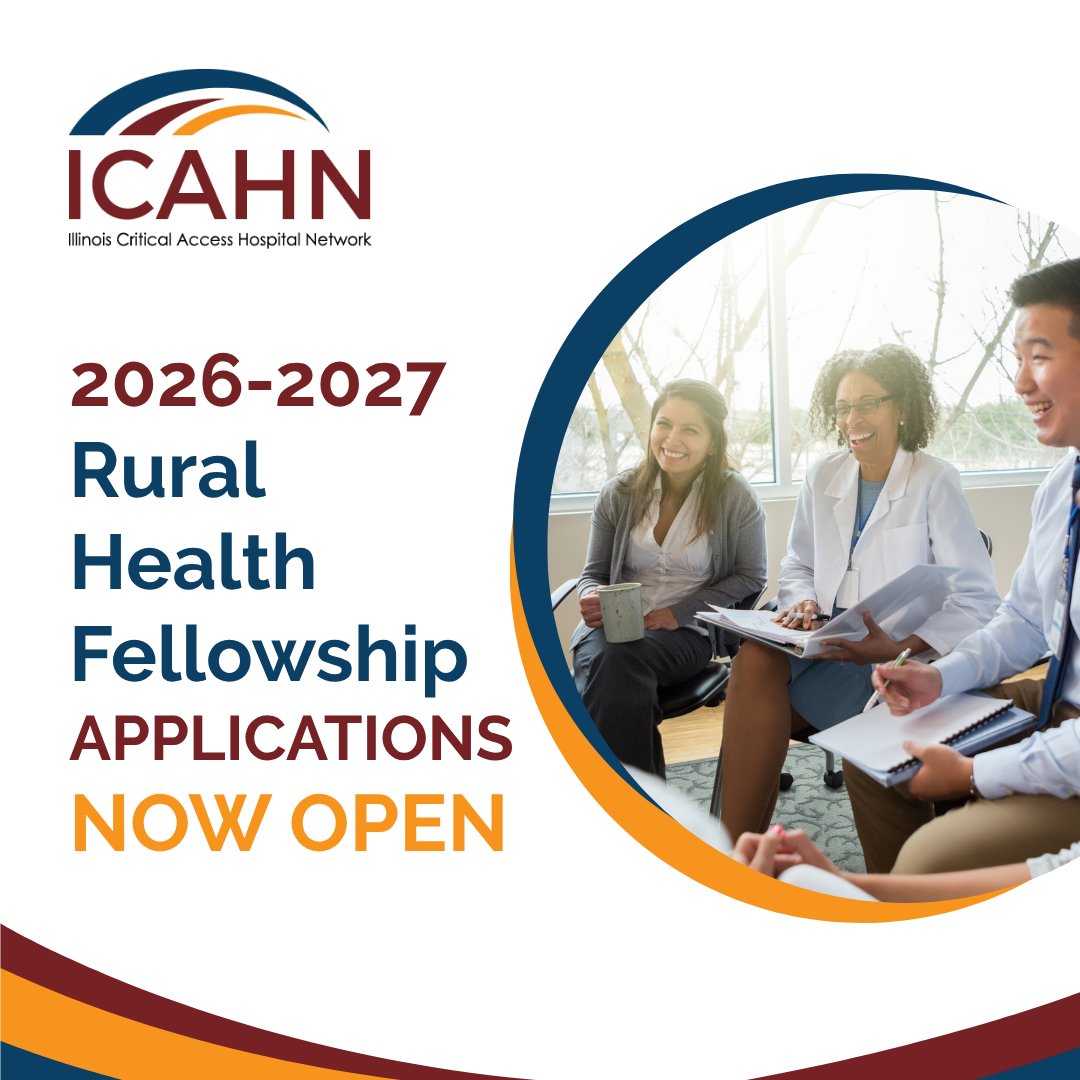 ICAHNRural's tweet photo. Applications are now open for the 2026-2027 ICAHN Rural Health Fellowship! Designed specifically for new and emerging C-suite and C-suite track leaders, ICAHN’s six-month Rural Health Fellowship helps participants strengthen their skills, expand their networks and deepen their understanding of what it takes to lead in rural healthcare.

Fellows learn from experts, mentors and one another while exploring four key areas: Hospital Leadership, Hospital Operations, Hospital Finance and Rural Health Advocacy

The 2026-2027 Fellowship begins October 27 in Springfield, Ill. and includes virtual learning, in-person leadership events, #CriticalAccessHospital visits, executive coaching, peer networking and more.

Applications are due October 2, 2026. Participation is limited to 20 Fellows.

Ready to take the next step in your rural #healthcareleadership journey? Apply today: https://t.co/Niisumbsrq

Questions? Contact Kathy Fauble at kfauble@icahn.org. #RuralHealth #RuralHealthcare #RuralHospitals #HospitalCSuite