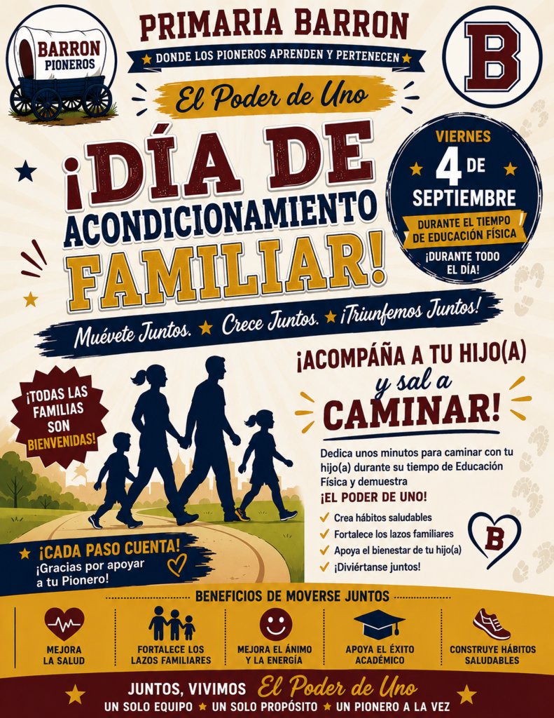 BarronEPISD's tweet photo. Barron Pioneers Parents! Join us for Family Fitness Friday  September 4, 2026 during your child's P.E. Period.  This is a great Family Event that improves health, strengthens family bonds, boosts mood and energy, supports academic success, and builds lifelong habits! https://t.co/EmFLAcI3lD