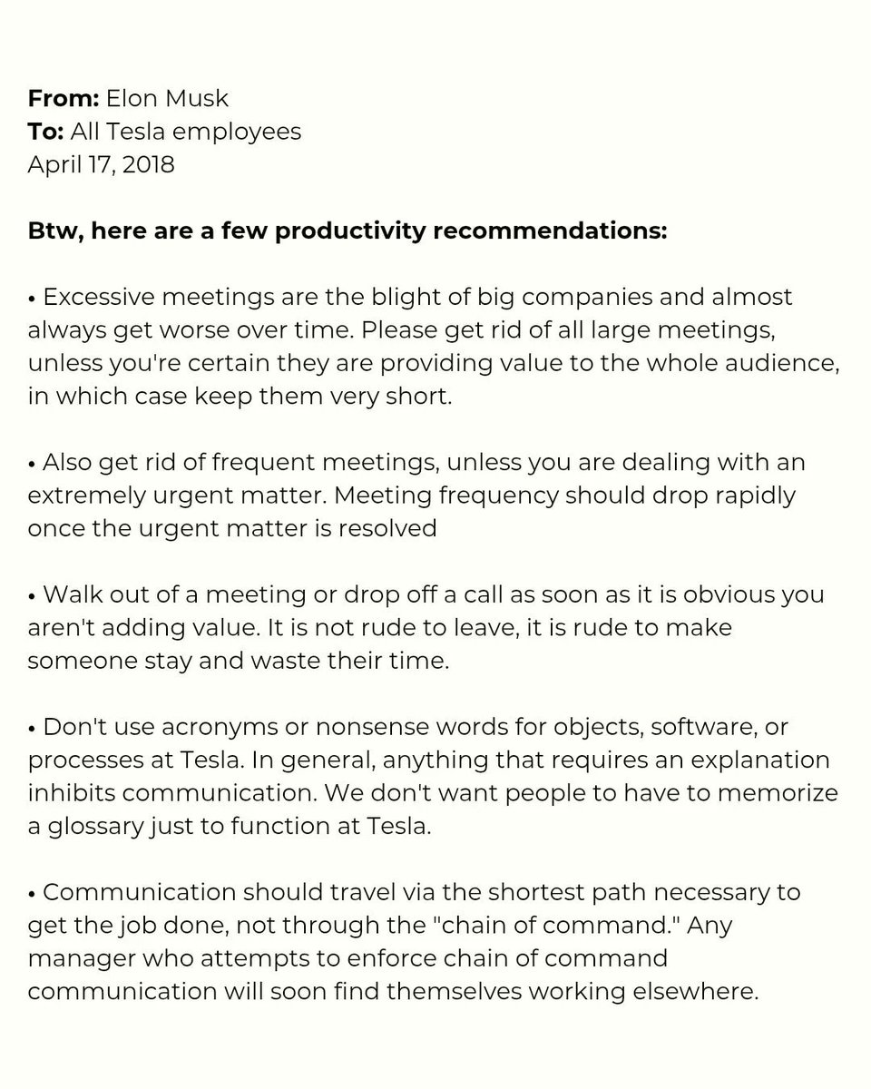 reyvicko's tweet photo. In 2018, Elon Musk shared Tesla rules to cut bureaucracy
Kill unnecessary meetings. Leave if you add no value. Ditch jargon. Communicate directly. Remove bottlenecks. Use common sense over rigid policies. Speed, clarity, and ownership win. Remove https://t.co/MnOGjkUDrL