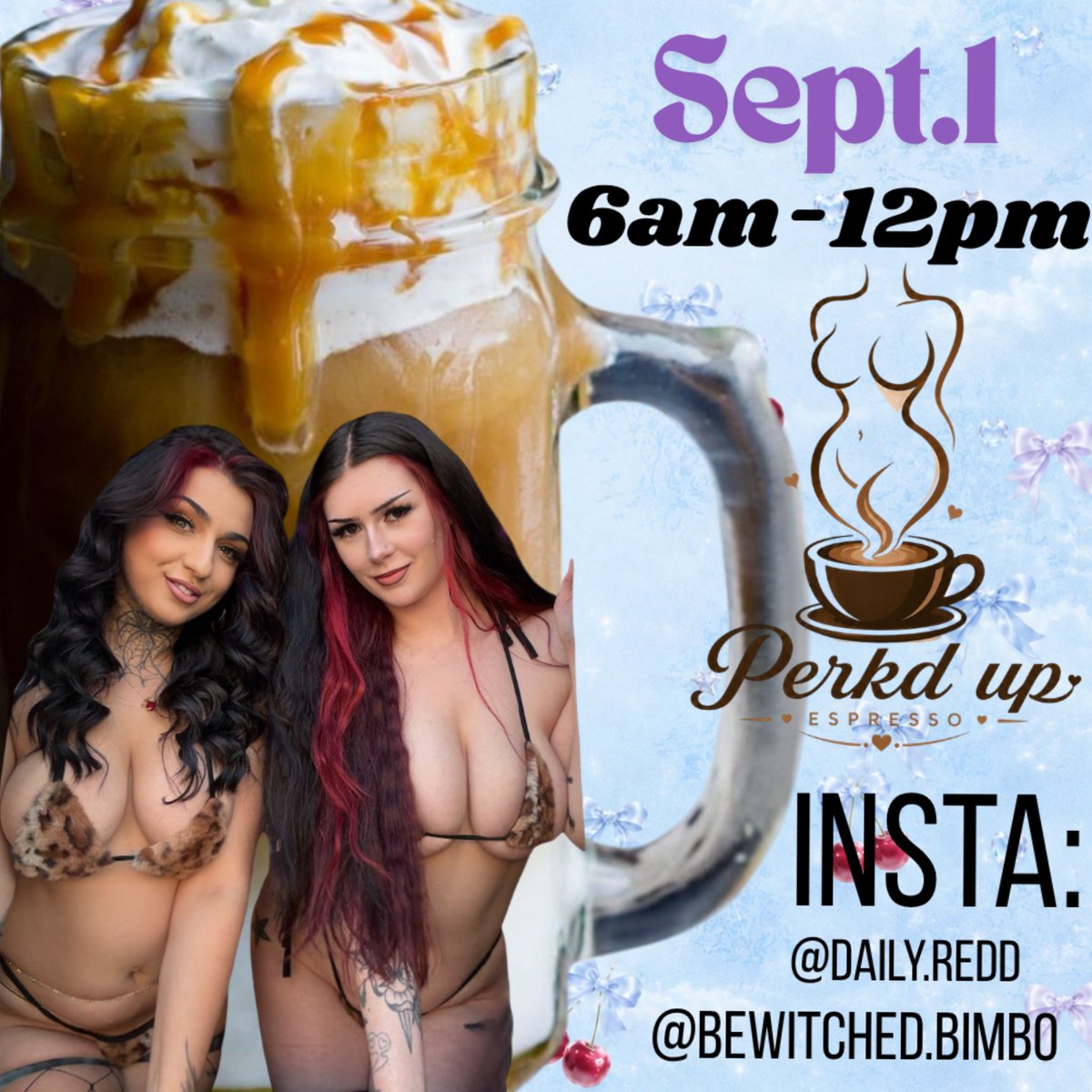 bewitchedbimbo's tweet photo. @BikiniRedd and I are at Perk’d Up til noon👩‍❤️‍💋‍👩☕️ https://t.co/qqlhbtbHXY