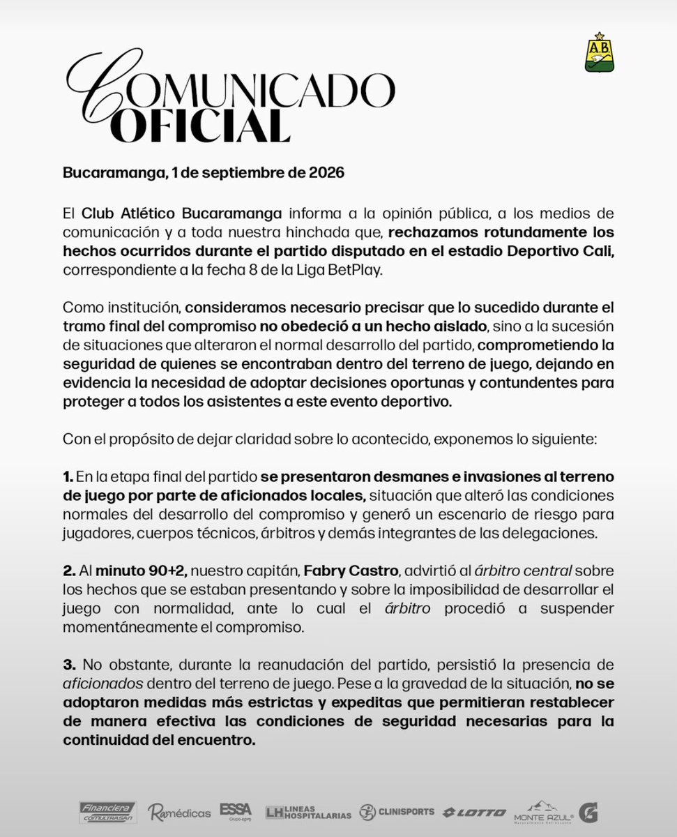 cesaralo's tweet photo. Comunicado del @ABucaramanga donde dan su versión de los hechos ocurridos en el partido ante el @DeportivoCaliCP 
El Bucaramanga reclamará los puntos de ese juego ante Dimayor, mediante reclamo formal, por falta de garantías. https://t.co/8Ne62QBRW4
