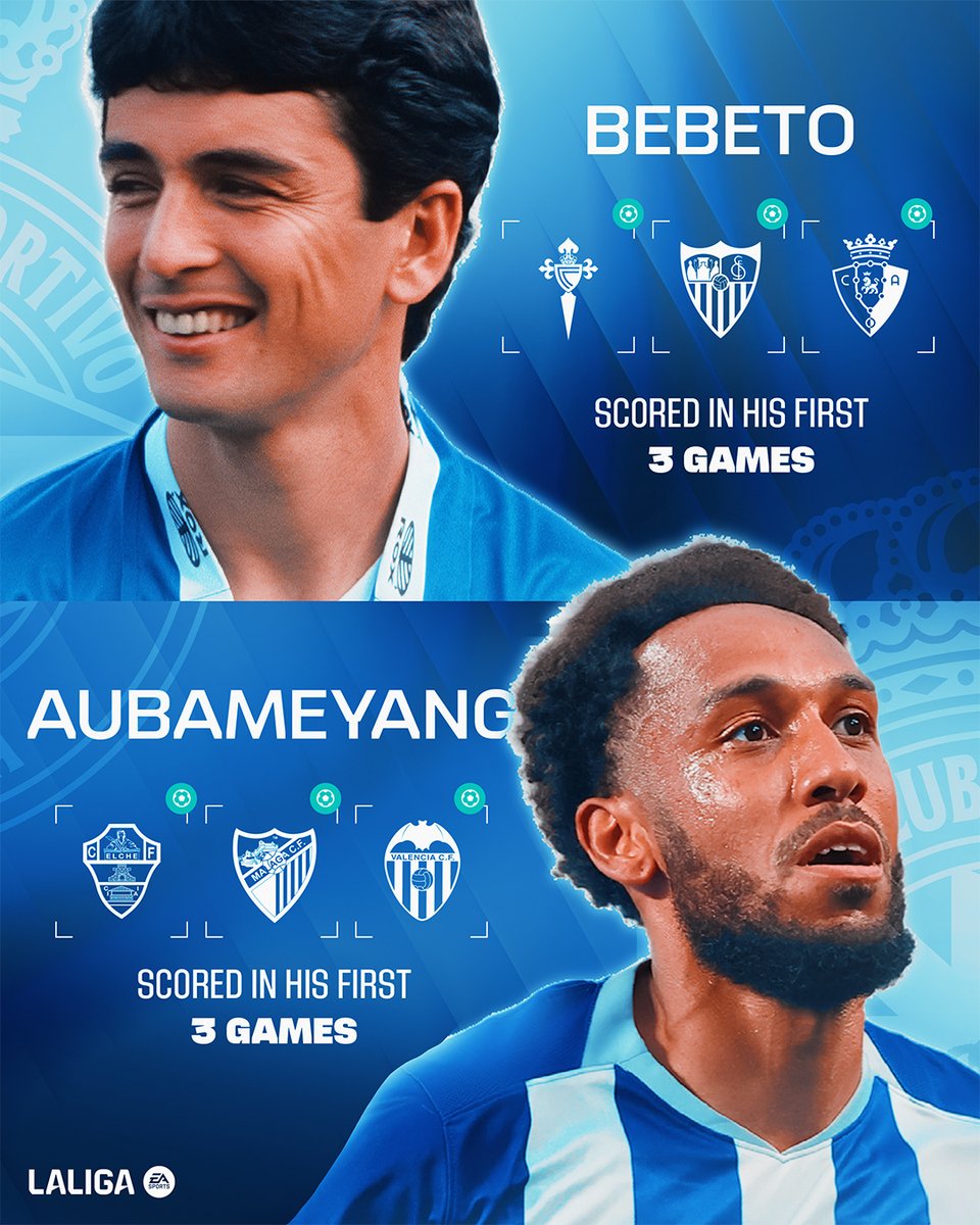 LaLiga's tweet photo. Dos épocas. El mismo comienzo. ✨

@Auba iguala el arranque goleador de Bebeto con el @RCDeportivo. 💙³

#LALIGAHistory | #LALIGAEASPORTS https://t.co/2GkfXgiANk