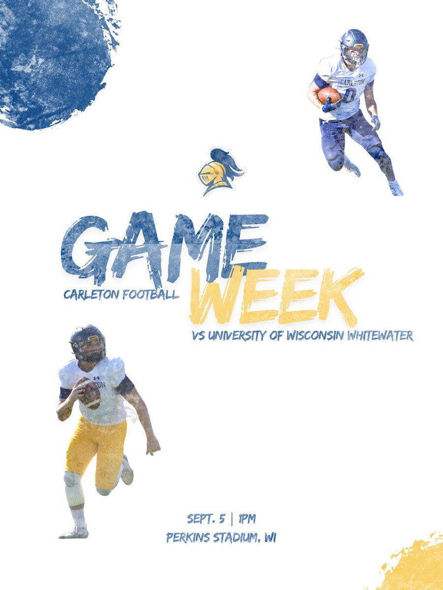CarletonFB's tweet photo. GAME WEEK!

Make sure you tune in Saturday as your Carleton Football Knights take on Whitewater at Warhawk Stadium. 

#KeepStackin https://t.co/X30ybTHamr