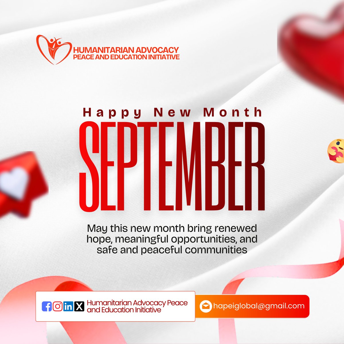 HAPEIGlobal's tweet photo. We wish you a month filled with peace and renewed hope✨🎉

Peace is possible 
Change is possible 
Inclusive society is possible

Together for Peace. It begins with you

Welcome to September 

#newmonth #september #hapei #youth4peace https://t.co/XfTIpGxFCV