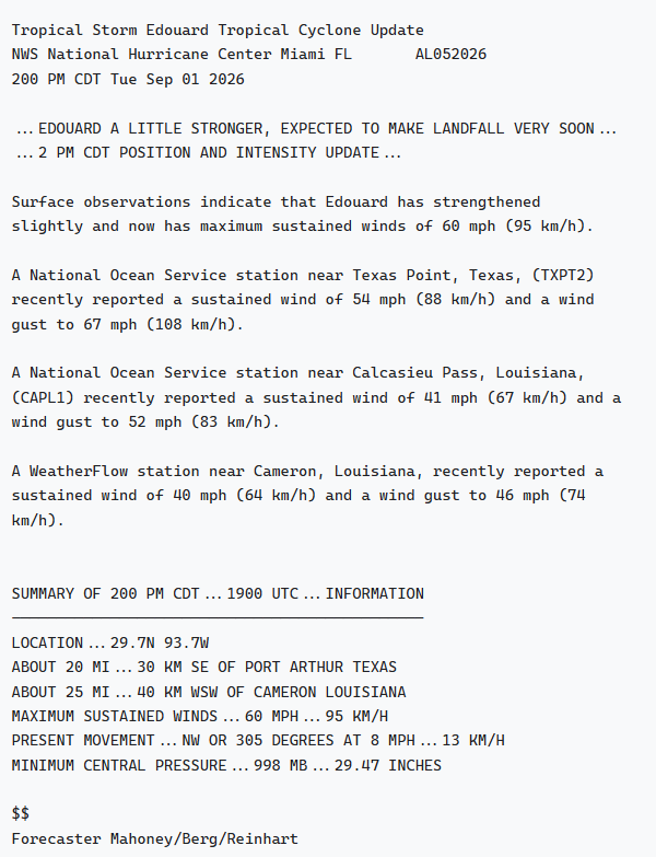 NHC_Atlantic's tweet photo. 2 PM CDT Position and Intensity Update for Tropical Storm #Edouard. Edouard a Little Stronger, Expected to Make Landfall Very Soon. https://t.co/0OUCFOSLzn
