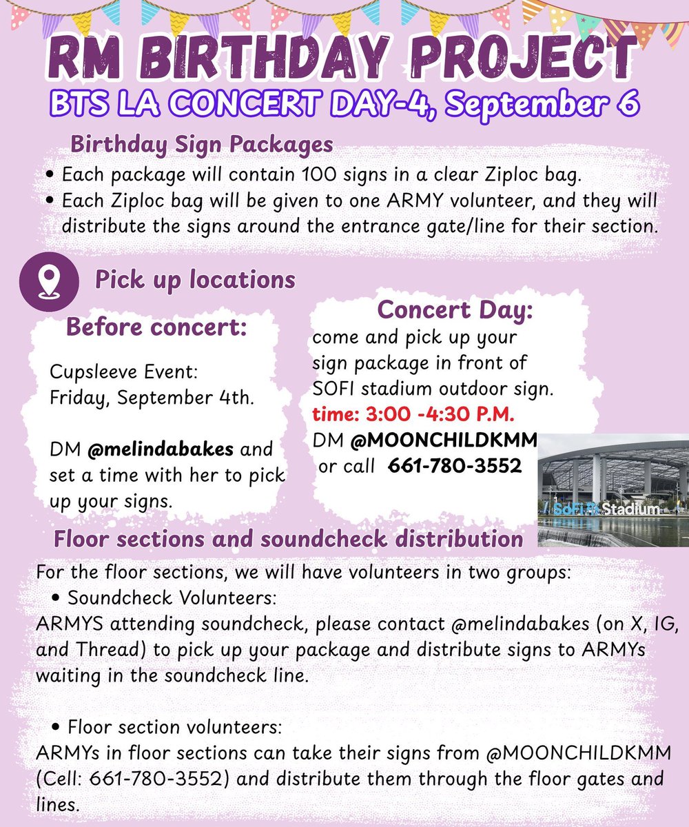littletweety89's tweet photo. Dear ARMY, there is a b'day project being organized for our Namjoonie on September 6th at Sofi Stadium (LA D-4). If you are one of the attendees, please bring a printed copy of the following poster on A4 (8.27 × 11.69 inches) paper. The Google Drive link is attached.

https://t.co/7xV1S5tfii

During Namjoon’s FINAL MENT
When Namjoon appears on the screen right before his final ment, please start singing “Happy Birthday” and hold up your birthday sign! 🎂💜

📌 IMPORTANT NOTES:
SOFI Stadium does not allow large-scale distribution of signs inside the stadium.
Please distribute signs outside the stadium and bring a few signs with you into your section to share with other ARMYs. 💜

You may print it on larger paper, but please do NOT exceed 3 × 5 ft, in accordance with SOFI Stadium rules.

Let's make this day special for our Joonie. 💜
Share this in other platforms as well.