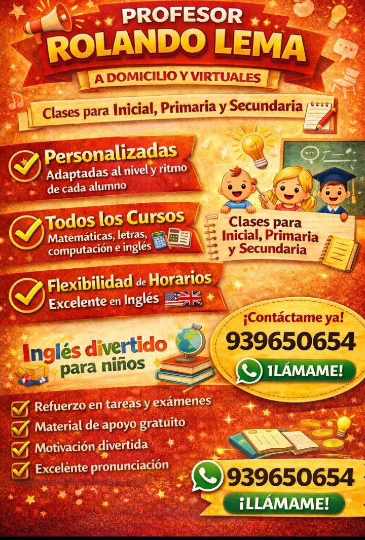 AmericoLema's tweet photo. @ShamanDurek Soy profesor Rolando Lema y dicto clases escolares a domicilio (zona Santa Anita) y virtual para alumnos de inicial, primaria y secundaria, todos los cursos: matemáticas, letras, ciencias, computación e inglés del ICPNA e ingles del BRITÁNICO a S/. 25 por 1 hora. Tf: 939653134. https://t.co/xBq20hRbka