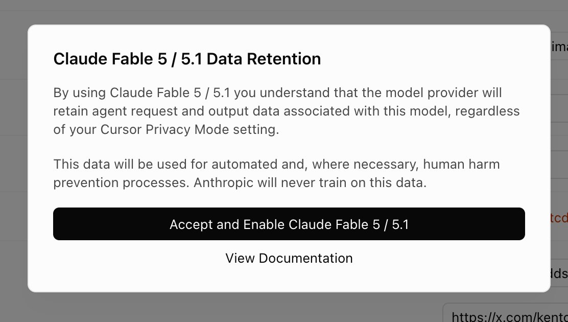 Claude Fable 5 / 5.1 data-retention modal: the provider keeps request and output data regardless of Privacy Mode, Anthropic will never train on it, with an Accept and Enable button.