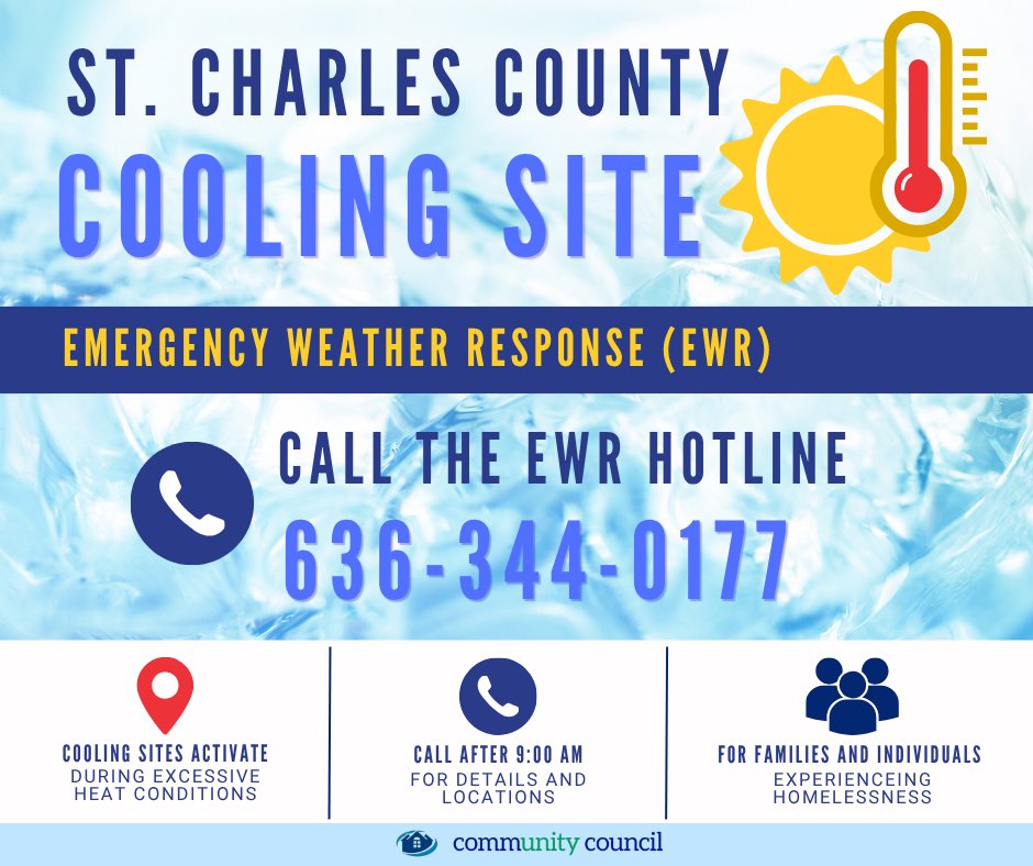 CommunitySTC's tweet photo. Cooling Centers open today in St. Charles County from 12-5 PM. Need a safe heat escape? Call EWR Hotline 636-344-0177 after 9 AM for locations. No transportation available; plan ahead and share. https://t.co/89LFm0tdmK