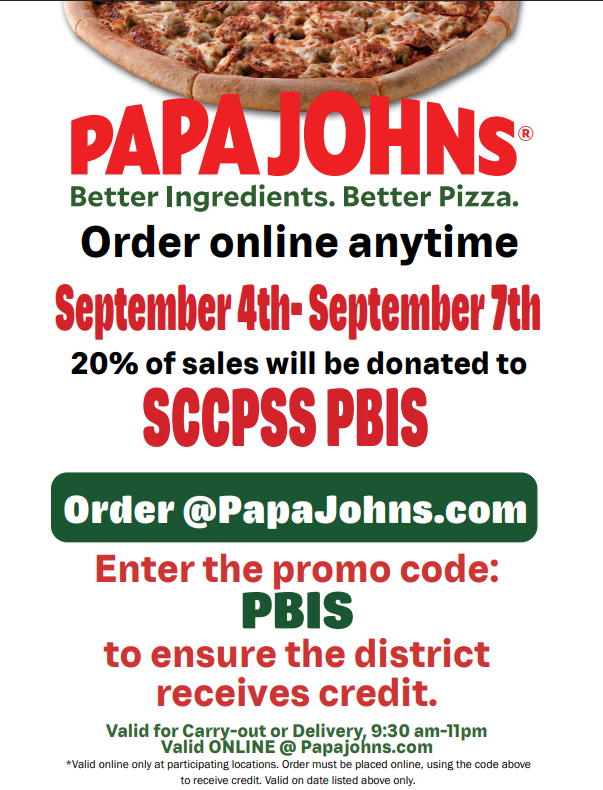 GrovesRebels's tweet photo. Pizza with a Purpose! Support SCCPSS PBIS by ordering Papa John’s September 4–7! 20% of sales will be donated to PBIS when you order online at https://t.co/5cOP1SE54J using promo code PBIS.
 Valid at participating locations.
 Order pizza. Support PBIS. Help make the fun possible! https://t.co/SMIrTt5C6c