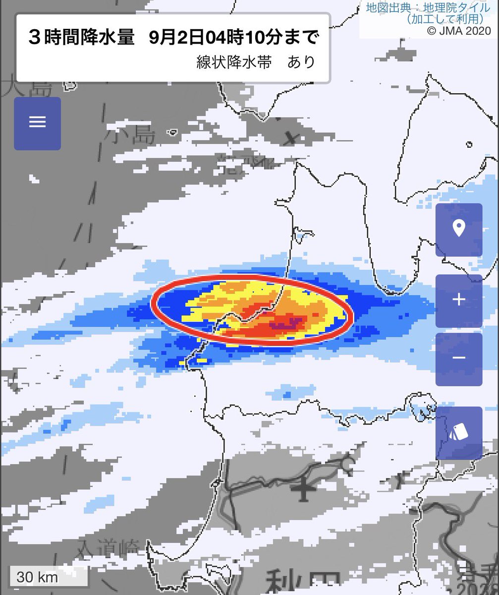 arakencloud's tweet photo. 青森県津軽で線状降水帯発生。
非常に激しい雨が同じ場所で降り続いています。命に危険が及ぶ災害発生の危険度が急激に高まっています。厳重に警戒を！！ https://t.co/IP0AeINVcC