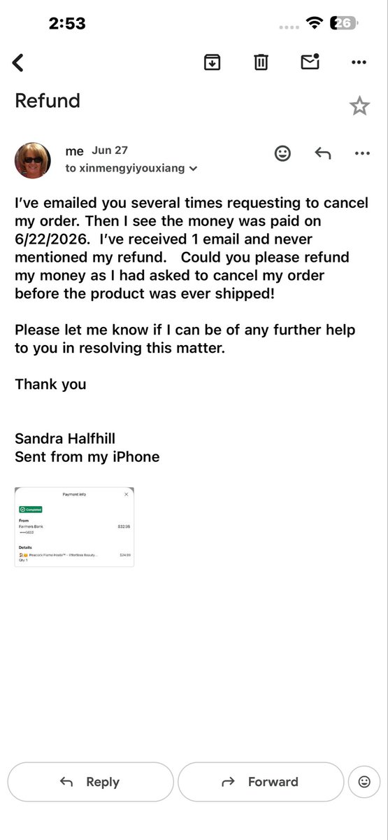 sfhalfhill61's tweet photo. @Paypalsupportte 
I canceled an order on 6/22/26. I emailed the seller the same day to cancel. They took the money out of my bank account on 6/23/26, but didn’t ship the product till 6/30/26. They provided me with a tracking number showing the product was delivered in LA. https://t.co/FZo7ML7gG5