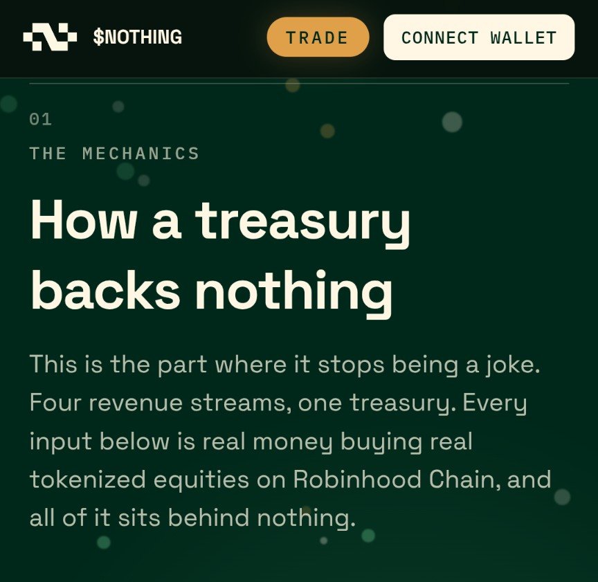 cyphstrain's tweet photo. A short post packed with information (If you can be bothered to read).

Blind hype leads to you to rugs (mostly) or placing the success of your trade on luck by being "early" otherwise you are playing hot potato next. 

If you paid any real attention, you would know $Nothing by @MonkeyHoodNFT is one of the safest options in crypto based on how it's set up. 

A small video, and screenshots are attached. Visit the website to verify treasury holdings for yourself please.
https://t.co/CyHi55eAHK

First screenshot is the Market cap of $Nothing which is fully backed by the treasury, which is continuously funded by what you see in the attached clip.