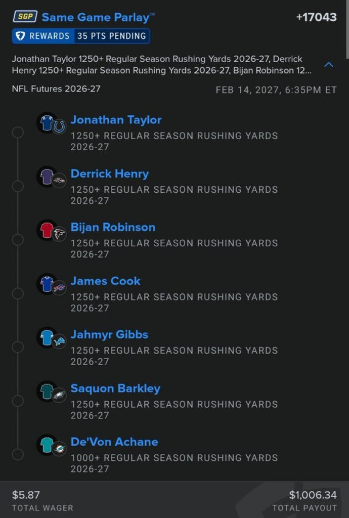 AngelLyonshdsi's tweet photo. NFL futures $5.87 for about $1k on rushing yards!
@playbook fanduel
https://t.co/xySEgZOlIy https://t.co/unxdBt0iYG