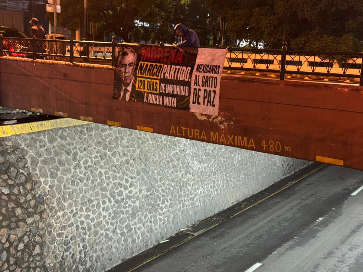 CodigoQro's tweet photo. #Entérate 📢 La mañana de este martes 1 de septiembre de 2026, fueron colocadas en distintos puntos de la capital queretana, lonas atribuidas al colectivo #MexicanosAlGritoDePaz, para exigir un alto a la impunidad y cuestionar presuntos vínculos de políticos con el narcotráfico, particularmente en el caso #RochaMoya. Hasta el momento, se desconoce si existe alguna denuncia al respecto por parte de Morena.

Las lonas fueron colocadas en:
📍Puente Constituyentes, frente a Samborns Carretas.
📍Alameda. Constituyentes y Pasteur.
📍⁠Bernardo Quintana y Arcos.
📍⁠Quiosco, Jardín Zenea.
📍⁠Entrada, Querétaro 2000z
📍⁠Avenida Paseo Constitución y Plateros.

#CódigoQro #Periódico #Noticias #Querétaro #Política #PartidosPolíticos #Elecciones