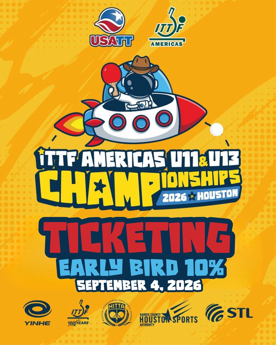 ITTFAmericas's tweet photo. 🎟️ Spectator Passes are ON SALE! 

Get ready for the ITTF Americas U11 &amp; U13 Championships in Houston - Texas, from September 9–16, 2026 at the Houston International Table Tennis Academy!

👉 Early bird offer: https://t.co/wQ3EZzFdkB https://t.co/icCJq01r20