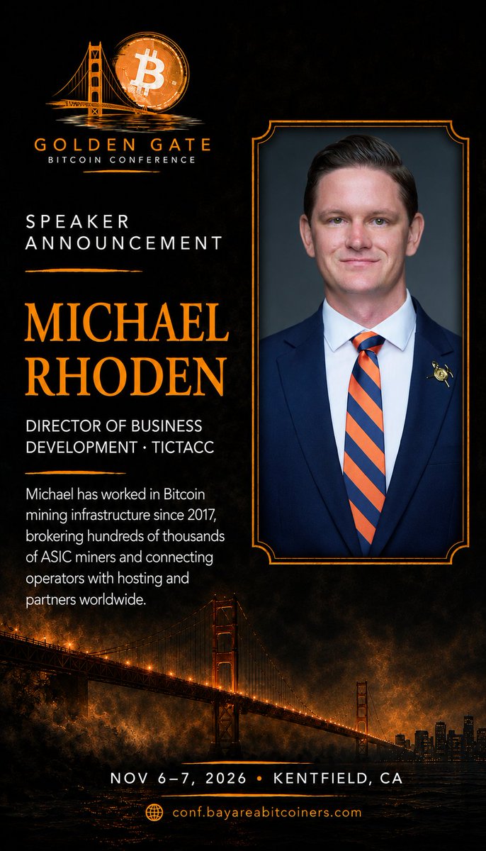 GoldenGateBTC's tweet photo. Two more speaker announcements! 🔥

@Copenhaguen83 grew up in Argentina watching generations of his family build honestly and lose savings to currency devaluation. He’s since built three businesses from scratch, with a focus on accepting and holding Bitcoin, and writes "The Receipt" on money, sovereignty, and current events. He’s also the author of "Time and Energy: A Proof of Work Story." 🇦🇷⚡

@YeeHawBitcoin has been deep in Bitcoin mining infrastructure since 2017, brokering hundreds of thousands of ASICs and connecting miners with hosting and partners around the world. He’s now Director of Business Development at TICTACC. ⛏️

From proof of work as an idea to proof of work in the real world, these two bring very different perspectives to the Golden Gate Bitcoin Conference.

More speakers coming soon. 👀
Early Bird tickets on sale now:
🎟️ https://t.co/JTvgA7sai3