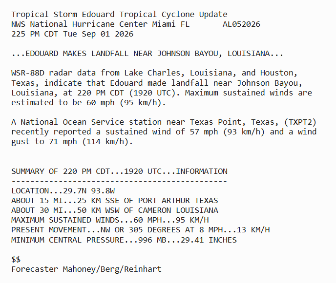 NHC_Atlantic's tweet photo. Tropical Storm #Edouard makes landfall near Johnson Bayou, Louisiana, at 2:20 PM CDT with estimated maximum sustained winds of 60 mph (95 km/h) and minimum pressure of 996 mb (29.41 in Hg).

https://t.co/aglpiQH6an https://t.co/5JmLUAQEI4