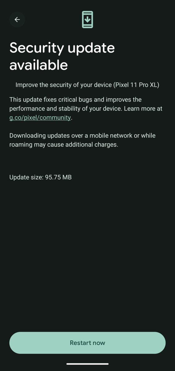 PixelNewsHub's tweet photo. Android 17 September 2026 update rolling out for Pixel 11!
Google is rolling out an Update (CD1A.260905.001.A1) for the Pixel 11 series. The ~96MB security patch includes critical bug fixes and system stability improvements.
#Pixel11 #Android17 #GooglePixel #AndroidUpdate https://t.co/6gfmdroseL