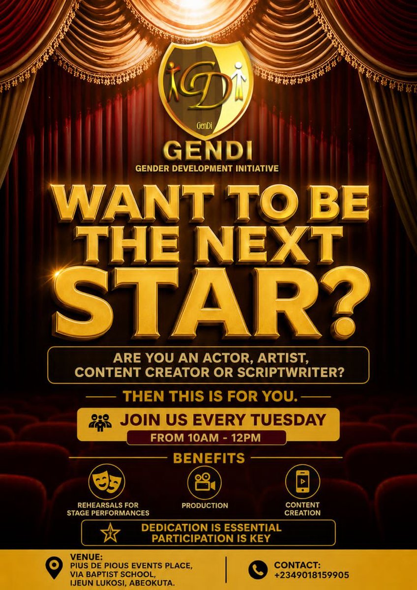 olubunmiashimo1's tweet photo. ARE YOU IN ABEOKUTA OR ITS ENVIRONS?

Have you ever wanted to use your voice, creativity and storytelling to speak for the voiceless and shine a light on issues affecting our communities?

Then THIS IS FOR YOU! 🔥

🎬 Join the GenDi Theatre Troupe and turn stories into action, awareness and change.

📅 Every Tuesday
⏰ 10:00 AM – 12:00 PM
📍 Abeokuta

Come with your passion. Come with your voice. Come ready to make a difference! ✊🏾🎭

📌 Check the graphics above for registration details.

Your voice can change a story. Your story can change a life.

#GenDiTheatreTroupe #Abeokuta #TheatreForChange #Storytelling #SpeakUp #VoiceForTheVoiceless #YouthEmpowerment #GenderEquality #SocialChange #Nigeria #OgunState #CommunityTheatre #ActForChange #GenDi