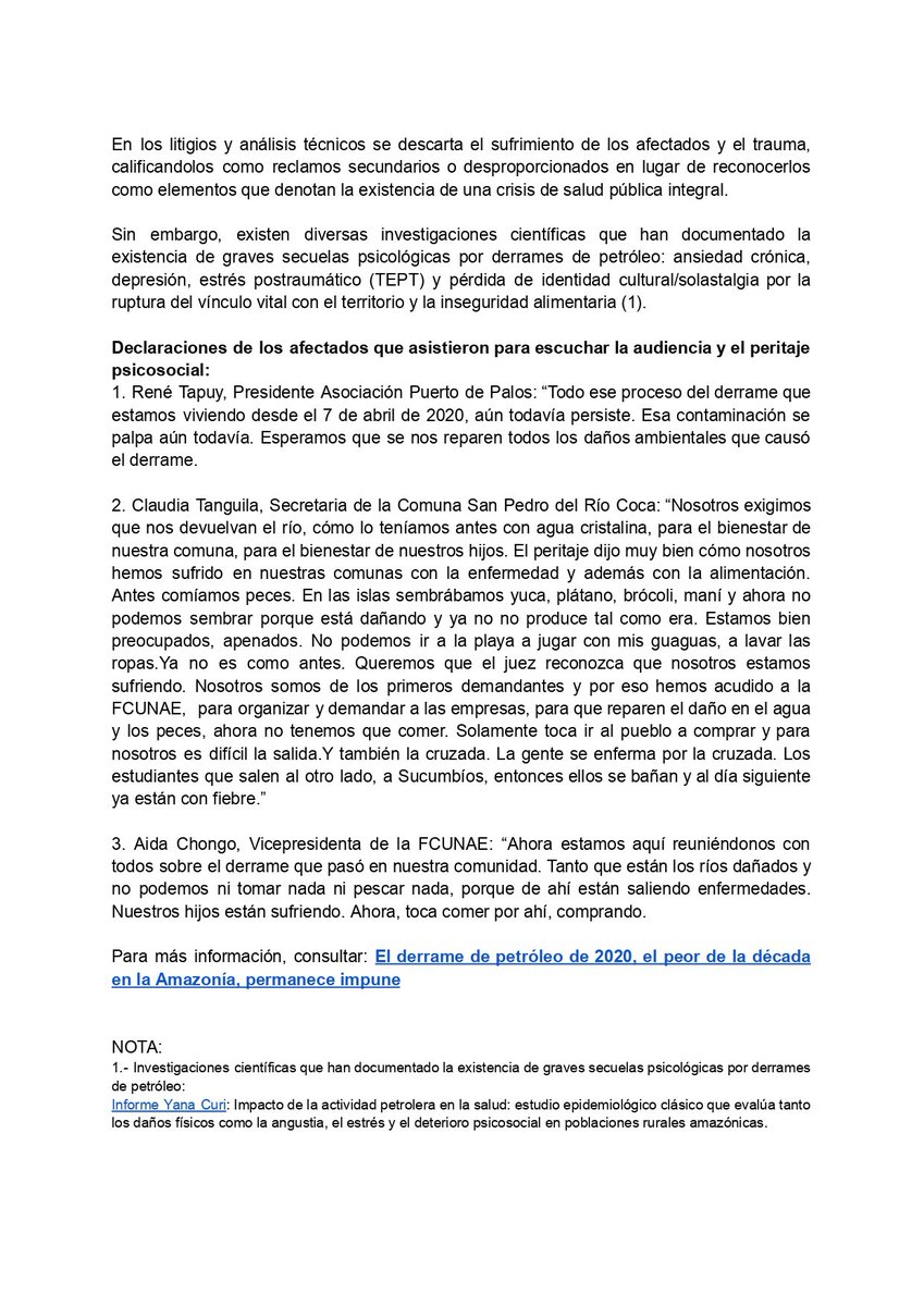 DDHH_Alianza's tweet photo. 📣📃Peritaje psicosocial revela daños “colectivos, continuados, acumulativos y multidimensionales” en comunas kichwas afectadas por el derrame de petróleo en los ríos Coca y Napo en el 2020.
Comunicado ⬇️
 https://t.co/hNOZ7NkXaj
#ReparaciónIntegralYA @OrellanaCJ  @CorteConstEcu https://t.co/4ulyhJsEEN