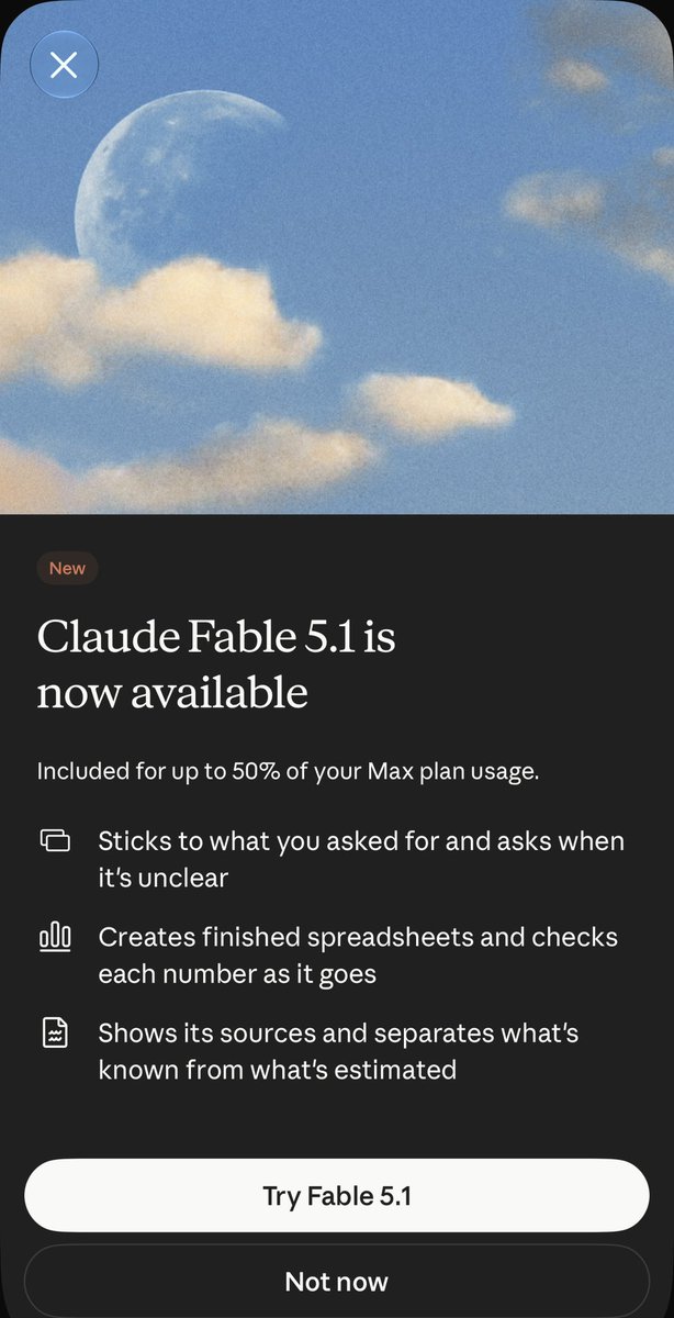 practicalguysai's tweet photo. @claudeai Fable 5.1 just dropped.  Now it isn’t “smarter AI” it’s about reliability:

• Follows instructions
• Checks its work
• Shows sources

The model war is shifting from:

“Who gives the best answer?”to
“Who can I trust to actually do the work?” https://t.co/NYEbdo6jHa