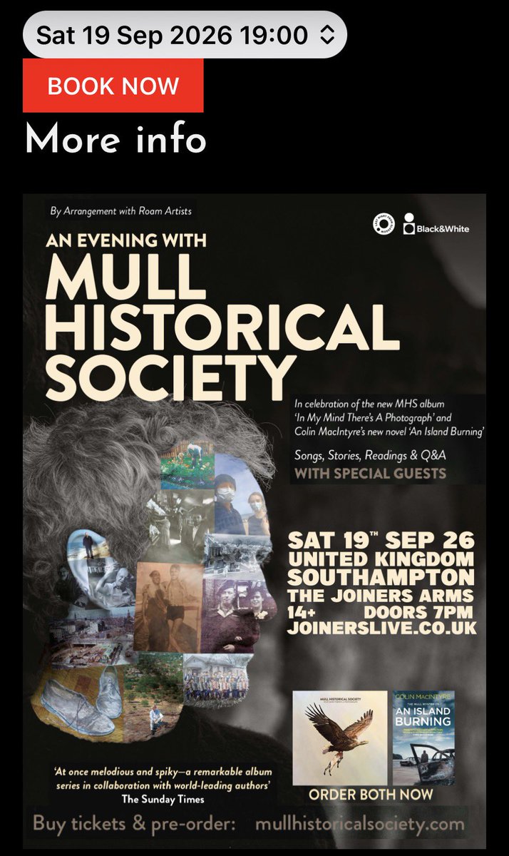 colinmacIntyre's tweet photo. MHS @colinmacIntyre @MullHistorical 
@joinerslive #Southampton 
Sat Sept 19th https://t.co/pvNdDZnAaO