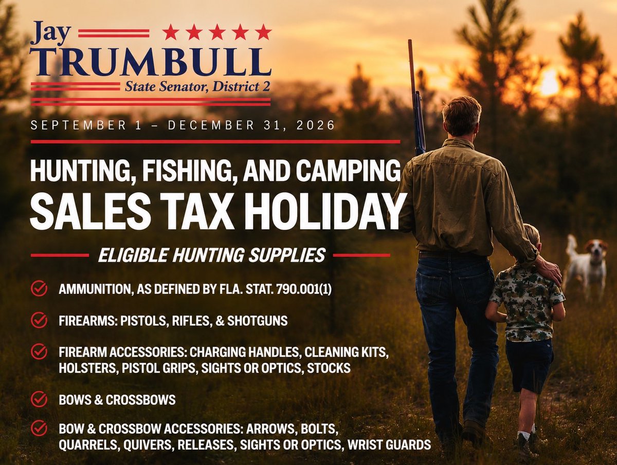 jaytrumbull's tweet photo. Beginning today, Floridians can purchase eligible hunting, camping, and fishing gear tax-free through December 31, 2026. Enjoy tax-free savings and get outside! Learn more: https://t.co/G7sihrOgjY https://t.co/ELdCVgZKkH