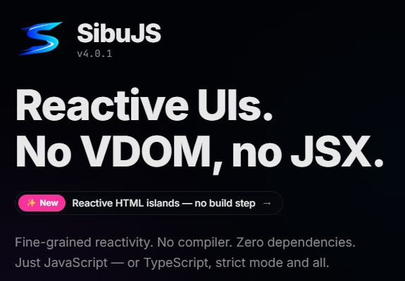 Hexplus's tweet photo. SibuJS has now reached version 4.0.1. It’s a framework for web applications. Give it a try:  Components are functions that run once. Signals update the exact DOM node that reads them. No virtual DOM, no compiler, no JSX, zero dependencies.

https://t.co/KS3o2wEza3 https://t.co/mydUwsodDc