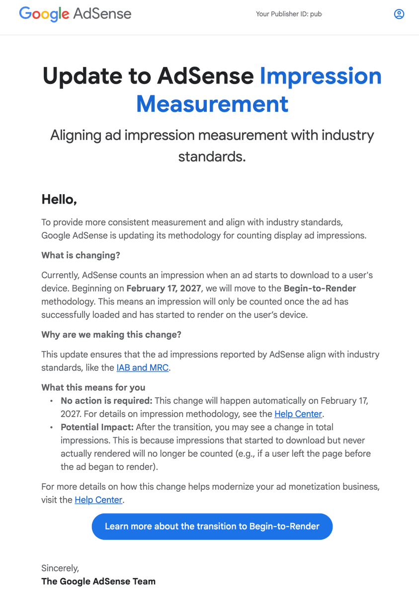 rustybrick's tweet photo. Google AdSense switching how it counts impressions for display ads starting in February 2027 to Begin-to-Render https://t.co/FNjb7P4hd0 https://t.co/zLQWLgJOlA